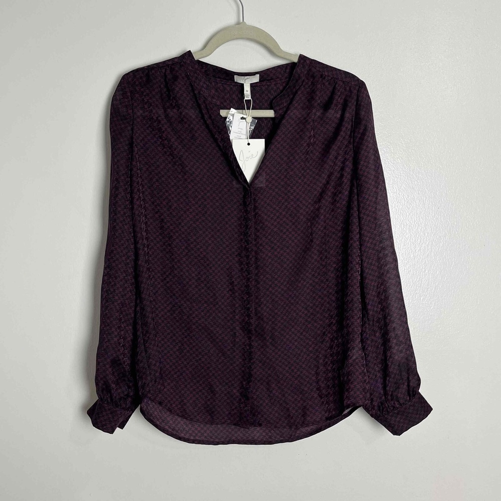 NWT Joie Purple Black Sheer Long Sleeve Band Collar Textured Blouse Size Medium